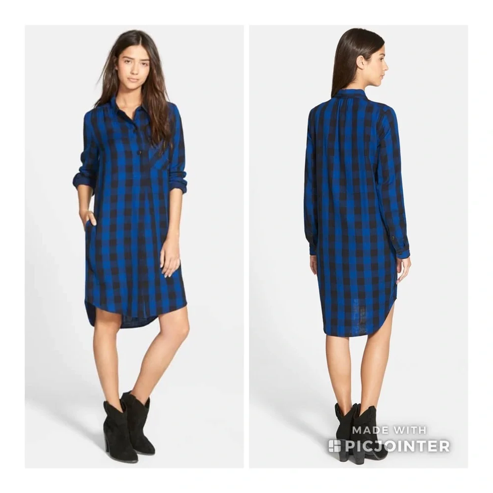 Madewell Jane Buffalo Check Plaid Shirtdress S Blue Black Button Down